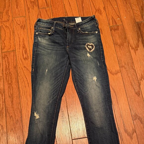 True Religion Halle Super Skinny Buddha Peace Theme Jeans Dark Wash Size 25 - Picture 1 of 7